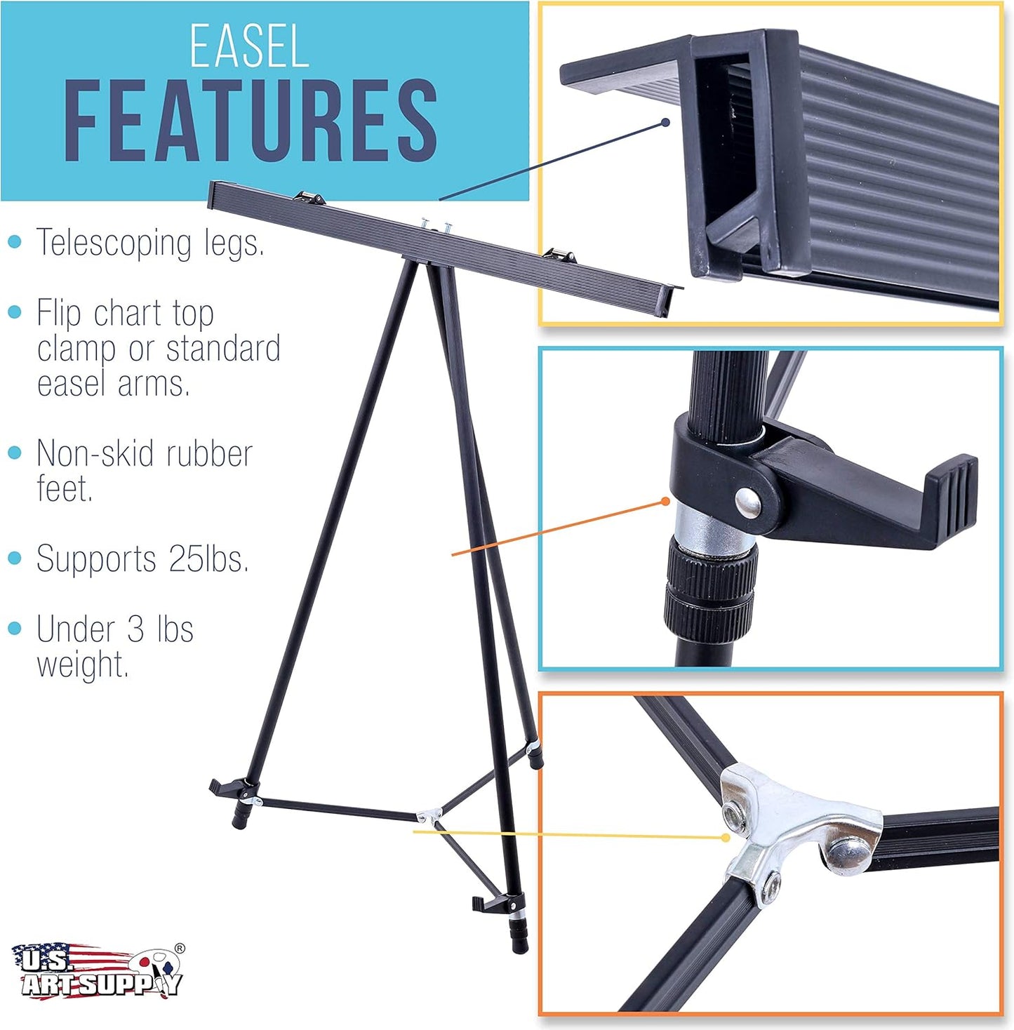 U.S. Art Supply 66" High Boardroom Black Aluminum Flip Chart Easel & Presentation Stand - Adjustable Floor/Tabletop, Portable Tripod, Holds 25 lbs., for Chart Paper, Poster Boards, & Pads