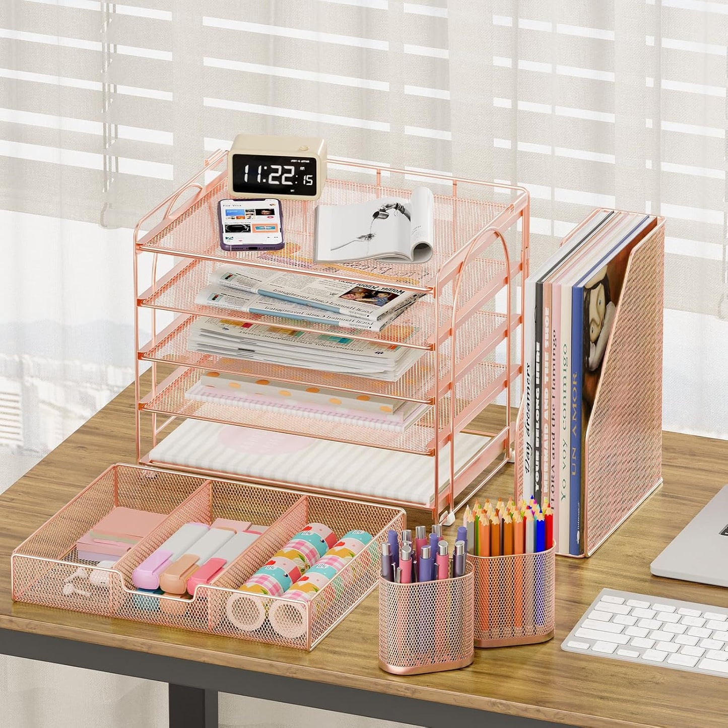 Desk Organizers and Accessories, 5-Tier Paper File Organizer with Drawer & Pen Holder, Office Desk Accessories Workspace Desktop Organizer for Office Supplies (Rose Gold)