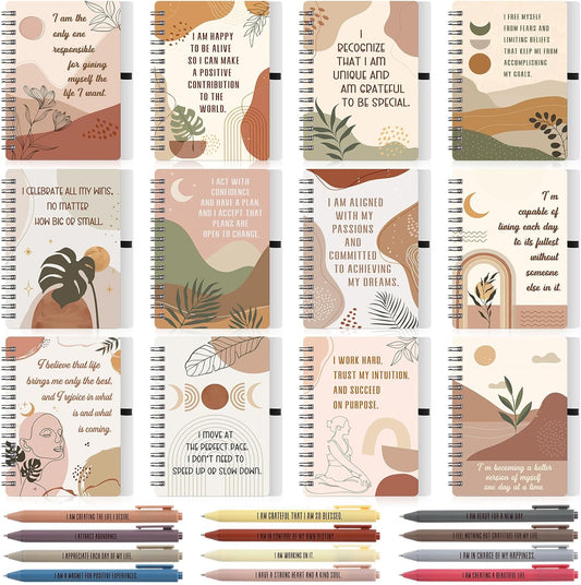 Kosiz 24 Pcs/12 Set Positive Affirmation Gifts Gratitude Spiral Notebooks with Pens Motivational Encouragement Notepads Daily Affirmations Journal for Women (Rainbow)