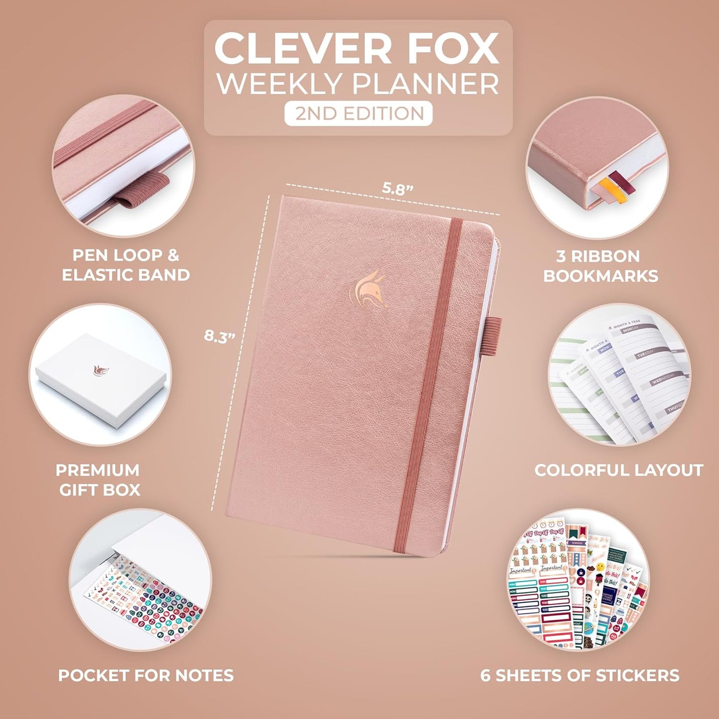 Clever Fox Planner 2nd Edition – Colorful Weekly & Monthly Goal Planner, Time Management & Productivity Organizer, Undated, A5 (Rose Gold)