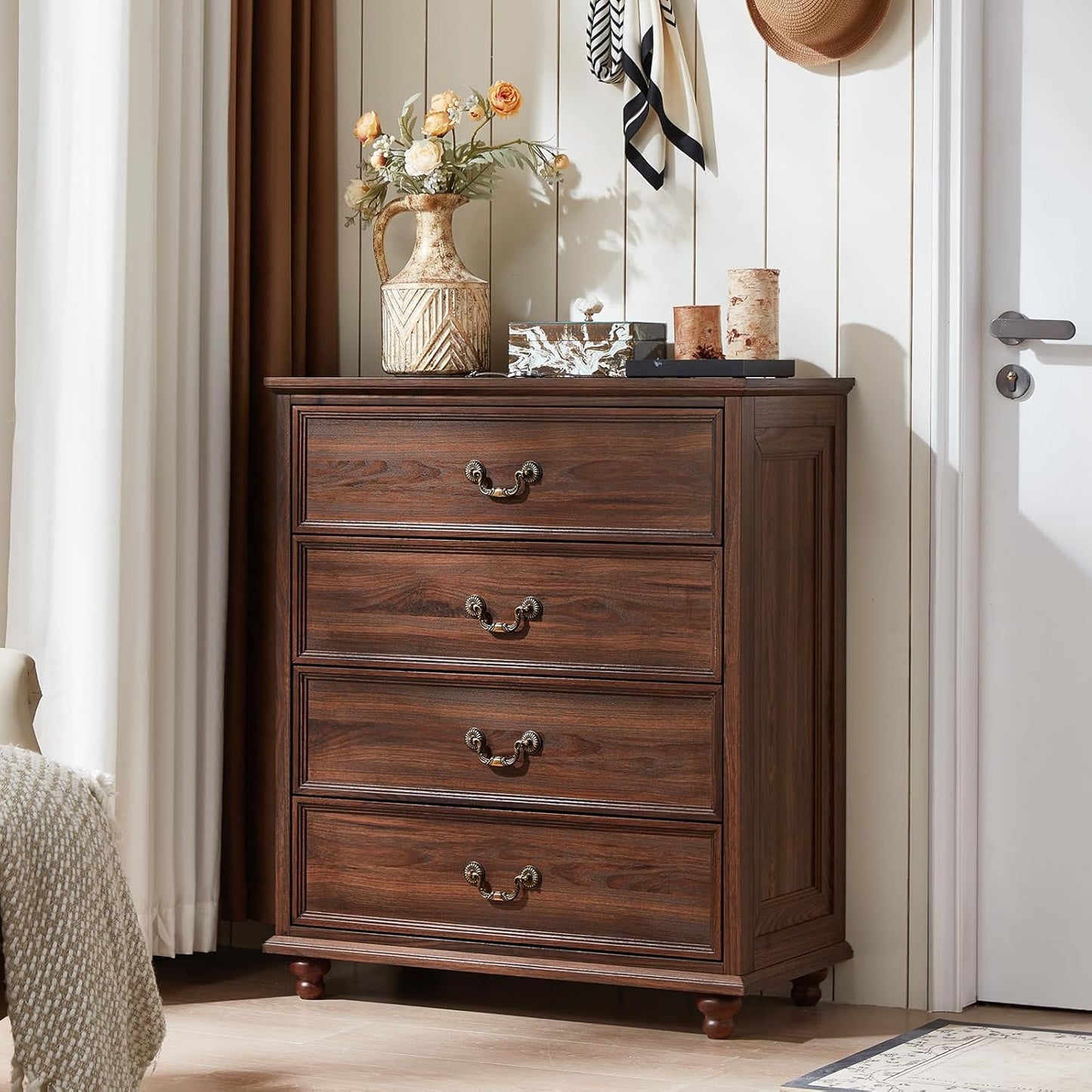 Farmhouse 4 Drawer Dresser Set of 2 for Bedroom, 37" Tall Rustic Chests of Drawers w/ 4 Solid Wood Feet, Mid Century Vintage Wooden Closet Storage Dressers Organizer for Living Room, Brown