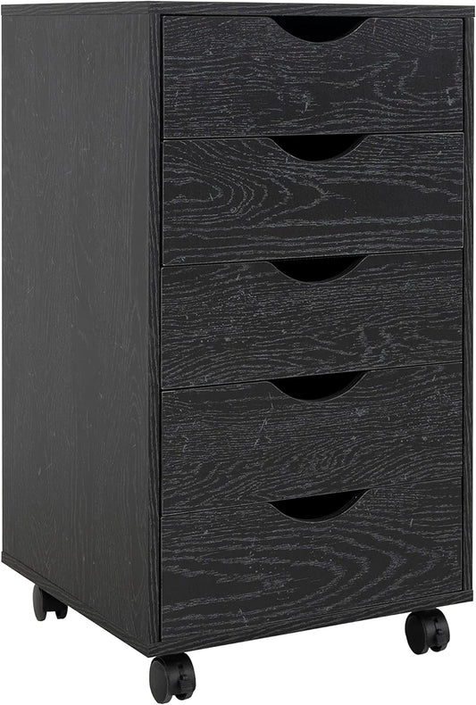 Naomi Home 5 Drawer Office Storage File Cabinet Under Desk Cabinets for Organization Filing with Wheels, Printer Stand Storage, 180 lbs Capacity, Distressed Black (11397AM)