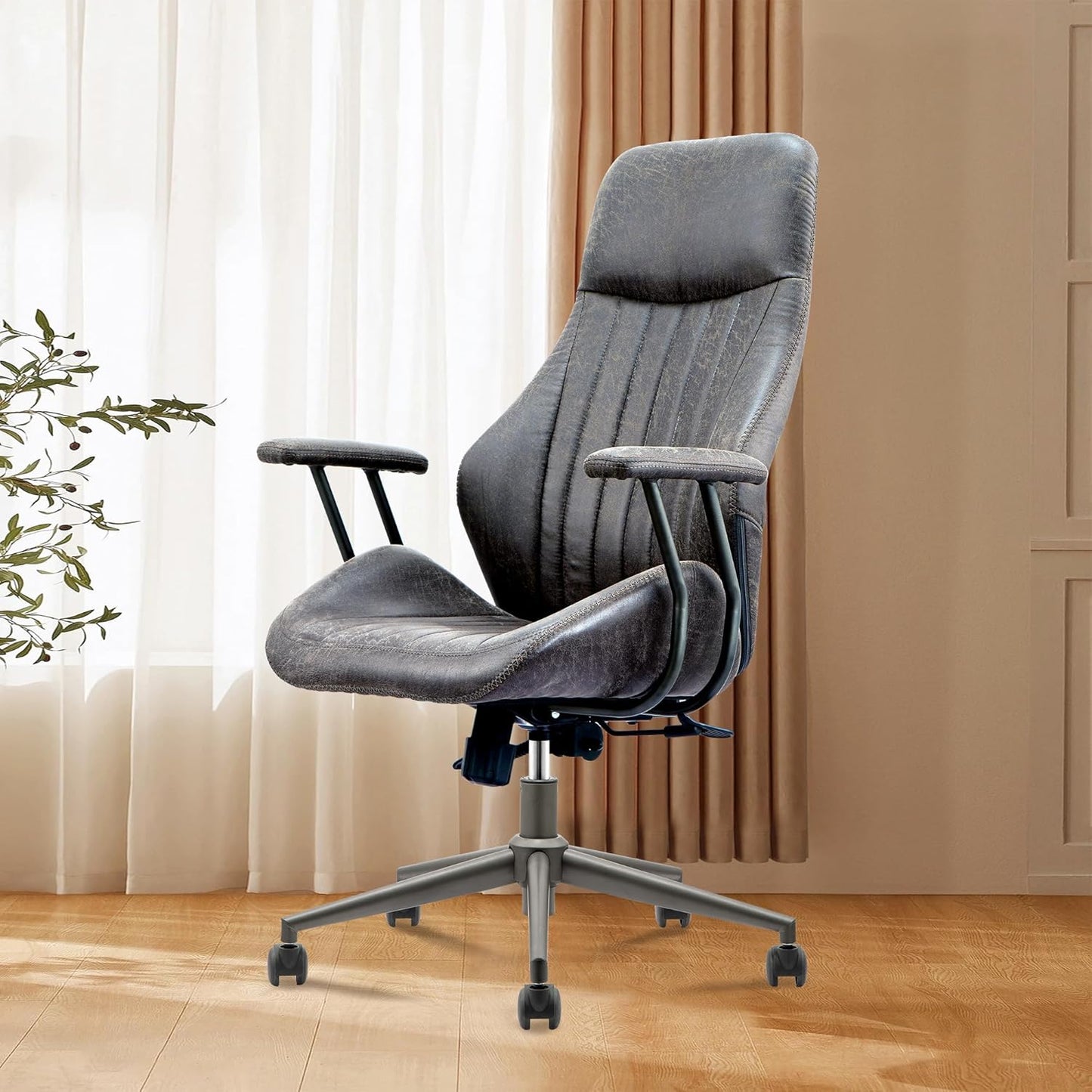 Mid Century Modren Office Chair - High Back Swivel Executive Chair with Lumbar Support,Ergonomic Computer Desk Chair with Wheels,Faux Lether Suede Task Chair,350lbs (Grey, High Back)
