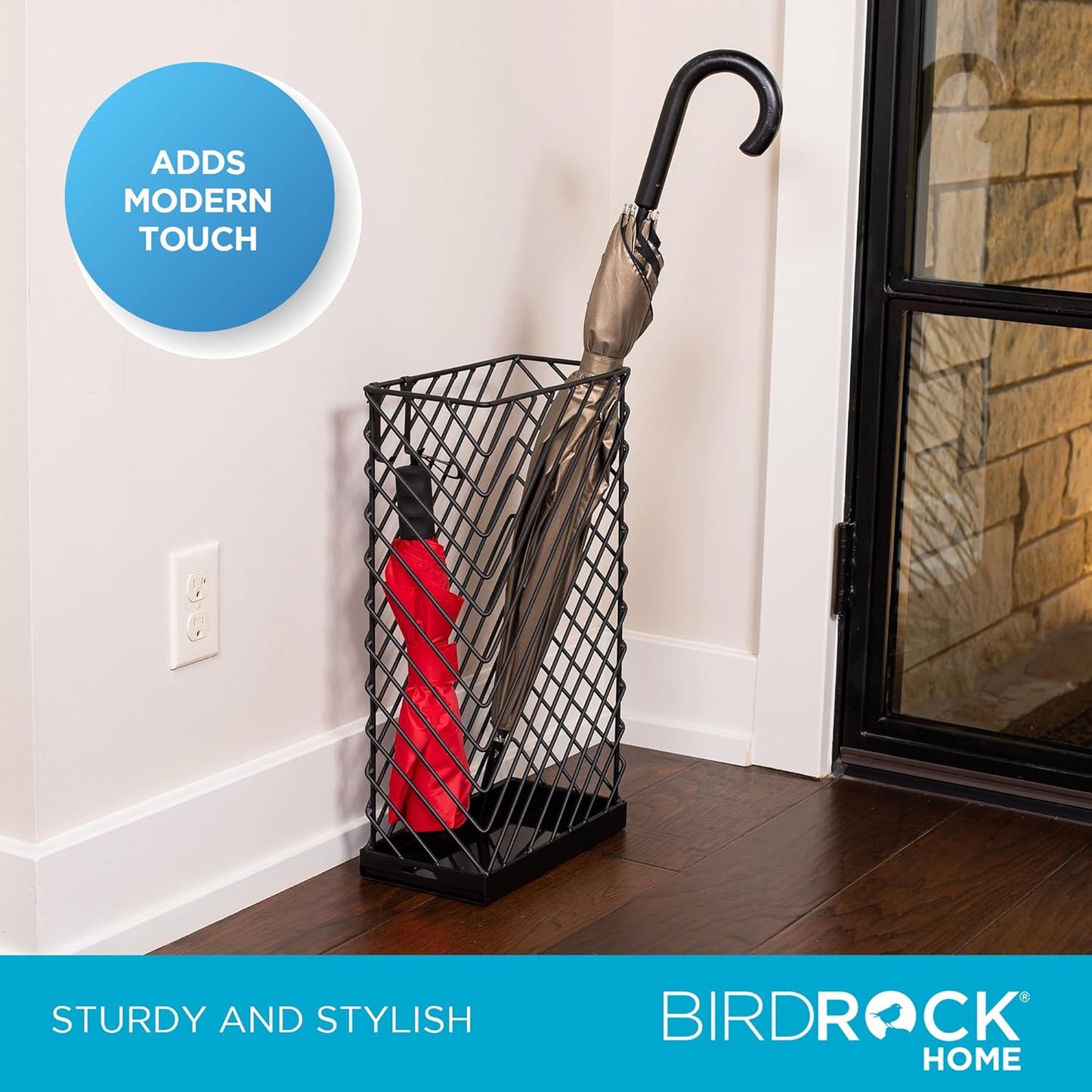 BIRDROCK HOME Decorative Umbrella Stand with Removable Water Tray - Large Metal Umbrella Rack and Cane Walking Stick Organizer for Entryway - Umbrella Holder for Indoor & Outdoor - Black, Diagonal