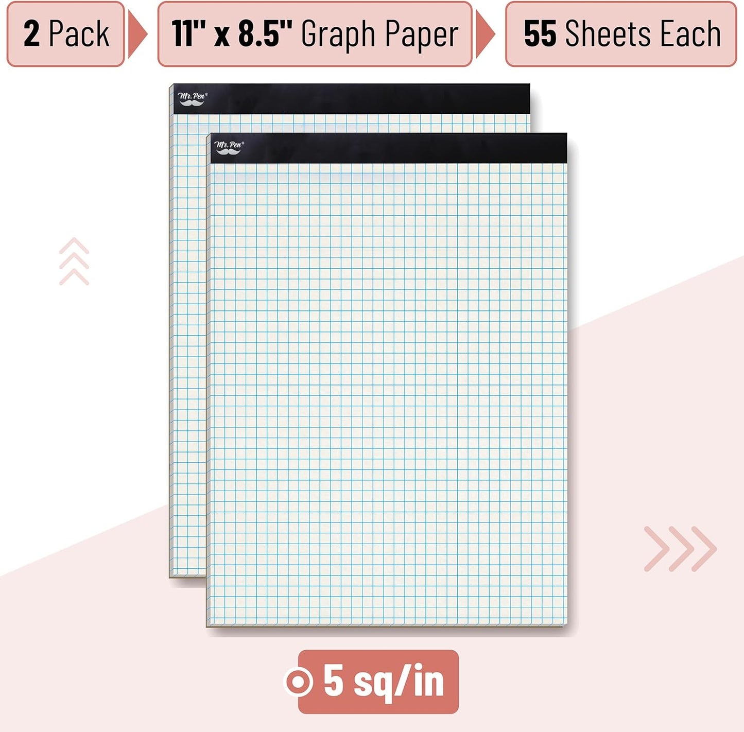 Mr. Pen- Graph Paper pads 8.5 x 11 Inches, 2 Pack, 55 Sheets/Pack, 5x5 (5 Squares Per Inch), Blueprint Grid Paper Pads 8.5 x 11, Math Notebook