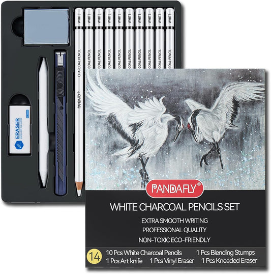 PANDAFLY White Charcoal Pencils Set, Professional 14 Piece Charcoal Pencils for Drawing, Sketching, Shading, Blending, White Chalk Pencils for Kid, Beginners & Pro Artists