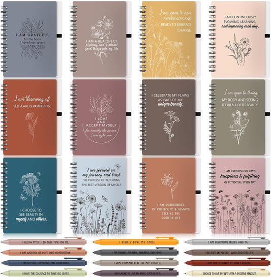 Kosiz 24 Pcs/12 Set Positive Affirmation Gifts Gratitude Spiral Notebooks with Pens Motivational Encouragement Notepads Daily Affirmations Journal for Women (Vibrant)
