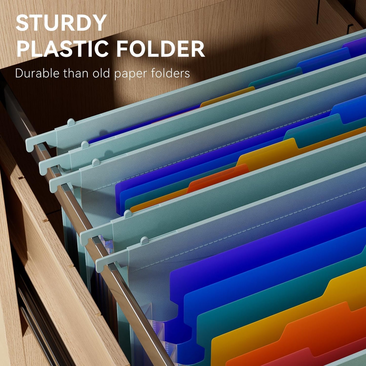 ThinkTex Plastic Expanding Hanging File Folders, 7 Innovative 1.2" Accordion Pockets, Large Capacity, Multi-Color Tabs, Letter Size for Filing Cabinet - Blue