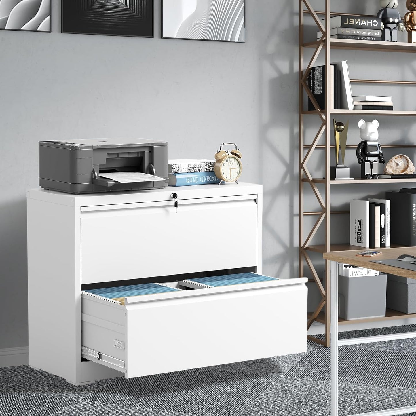 File Cabinets 2 Drawer, Metal Office Storage Filing Cabinet with Lock, White Lateral Filing Cabinet for Home Office,Horizontal Two Drawer File Cabinets for Legal/Letter,Assembly Require,White