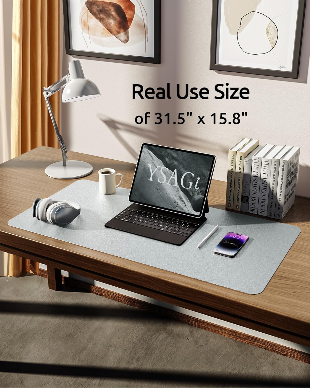 YSAGi Leather Desk Pad Protector, Office Desk Mat, Large Mouse Pad, Non-Slip PU Leather Desk Blotter, Laptop Desk Pad, Waterproof Desk Writing Pad for Office and Home (Silver, 31.5" x 15.8")