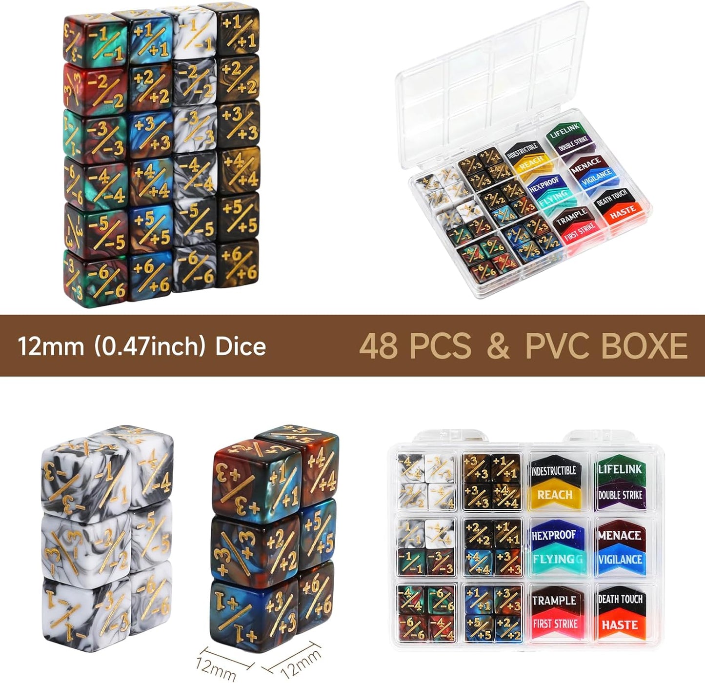48PCS 12mm MTG Dice Counters & Tokens for Magic The Gatering, MTG Abilities Keyword Buff Tokens Plus 1 Life Counters Loyalty Dice, Compatible with TCG CCG Magic Card Gaming Accessories