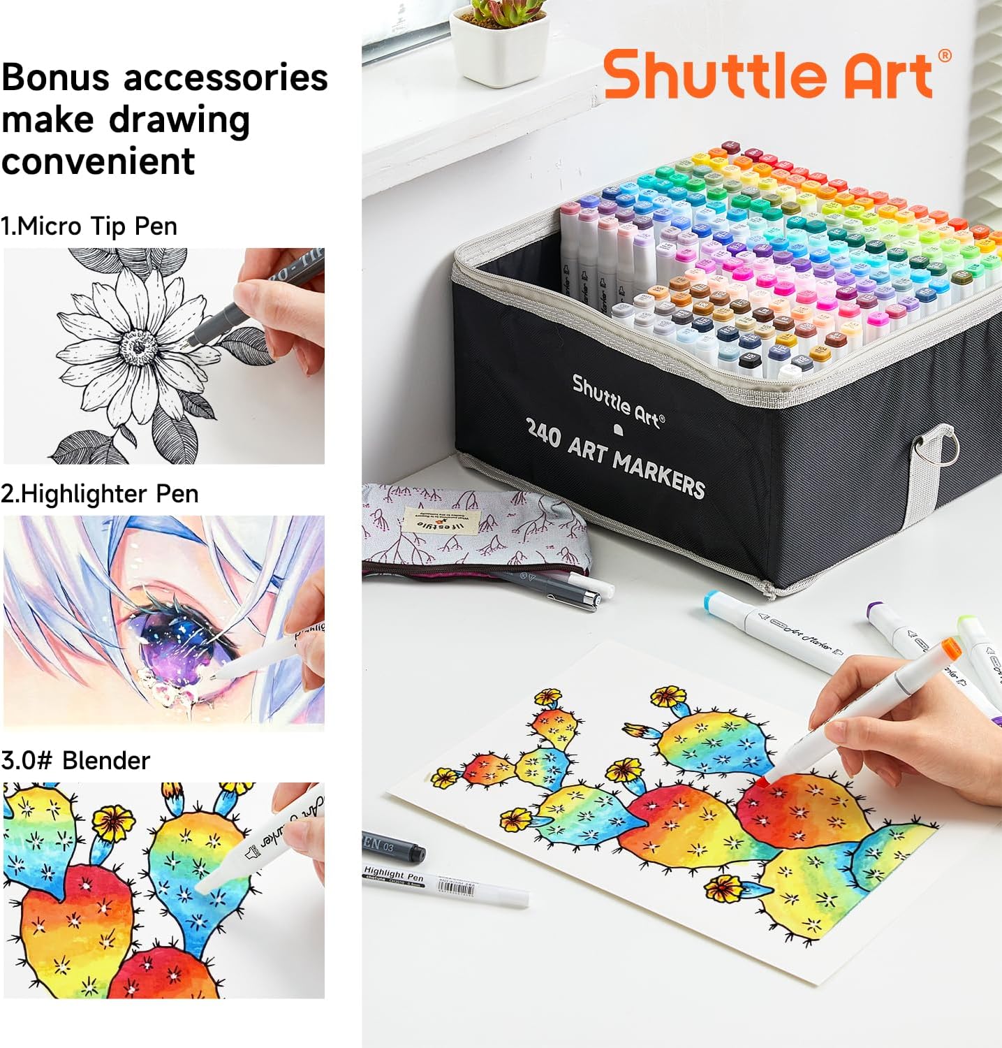 Shuttle Art 240 Colors Alcohol Markers, 239 Colors Dual Tip Art Marker Set Plus Colorless Blender, Micro-tip Pens, White Highlighter Pens, Marker Bag with Holders Perfect for Students Adults Coloring