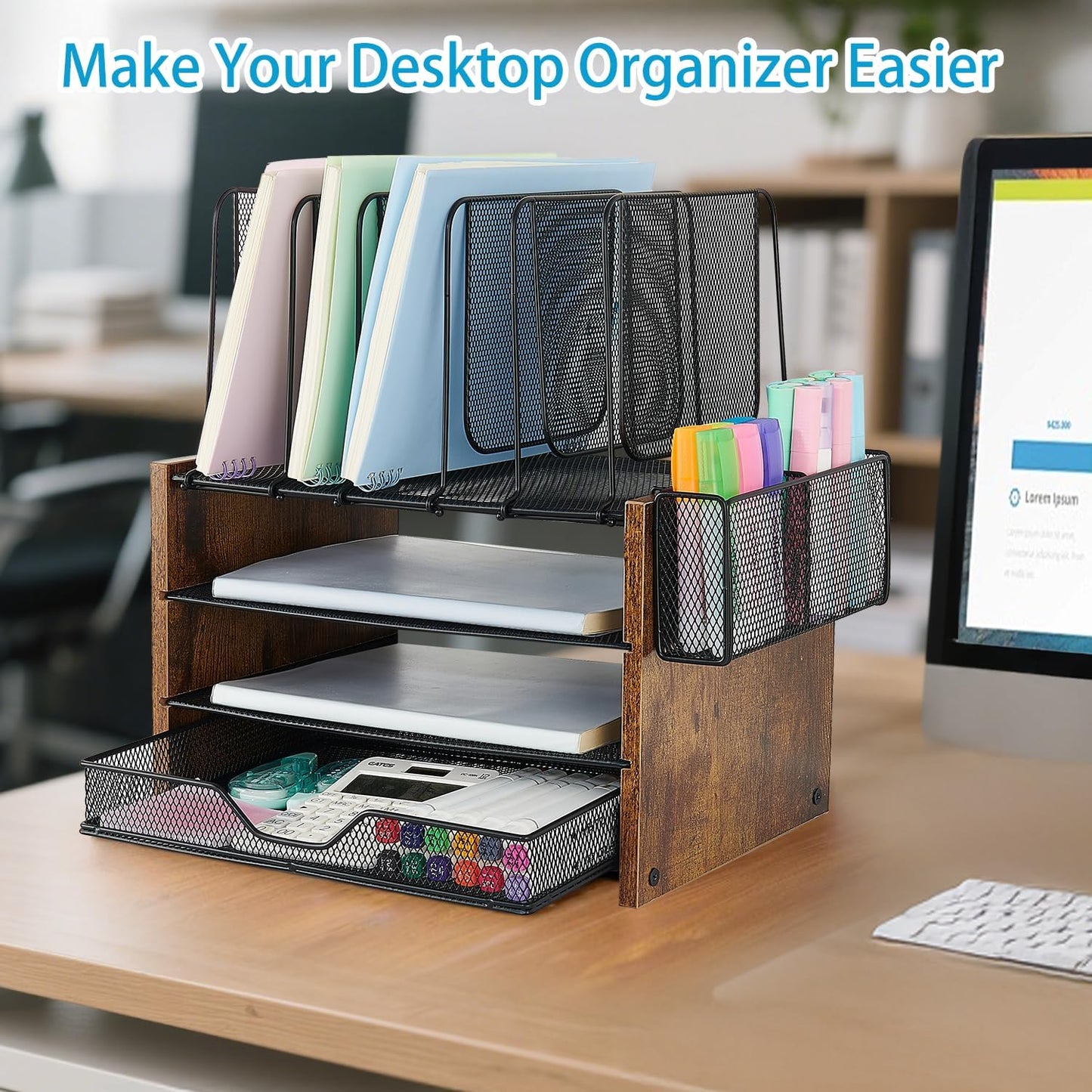 Wood Desk Organizers and Accessories, 4-Tier Workspace Desktop Paper Organizer with Drawer, 5 Vertical File Holders and Pen Holder for Office Supplies