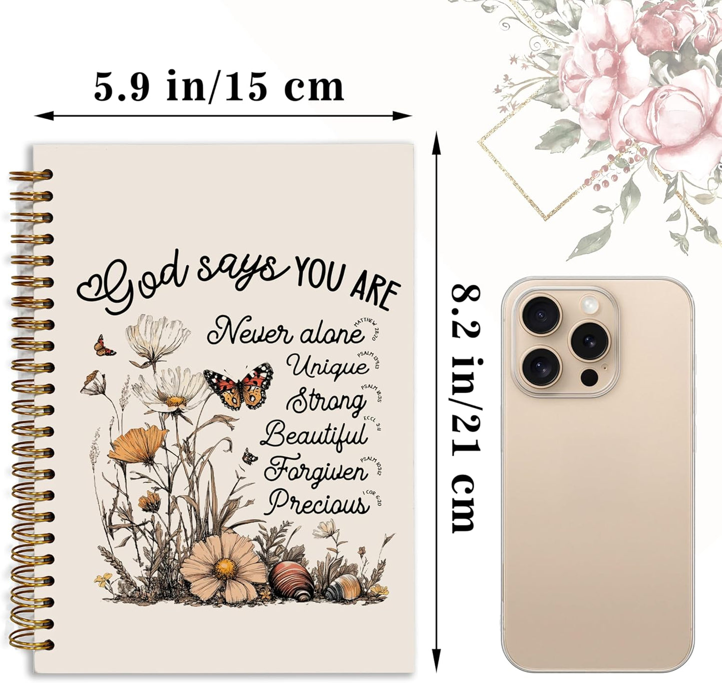 Bible Notebook, A5 Spiral Christian Journal with Floral Notebook, Bible Verse-God Says You Are, Inspirational Notebooks for Women, Bible Study, Gift for Birthday Christmas