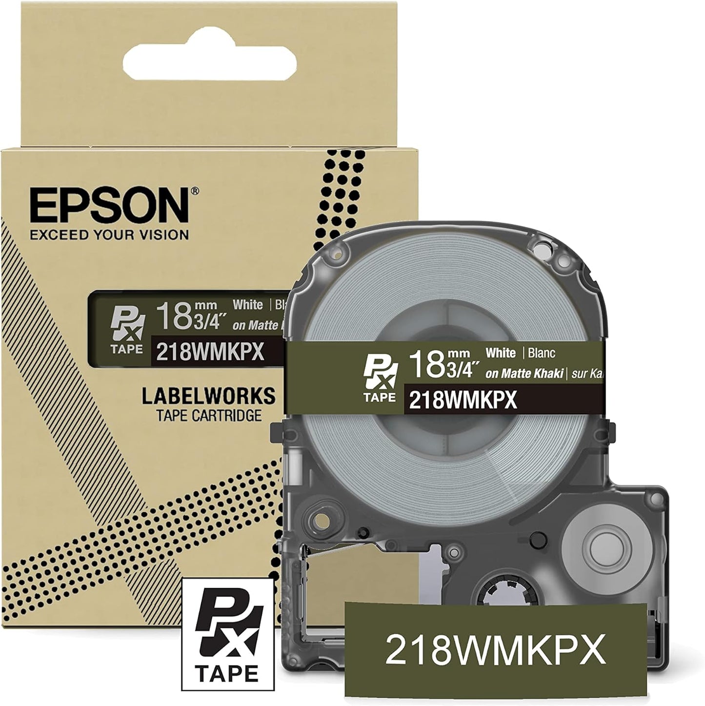 Epson LABELWORKS 218WMKPX Genuine PET (Polyester) Tape Cartridge - White on Matte Khaki Designer Craft Label Maker Tape - 3/4" (18MM) Wide, 26'