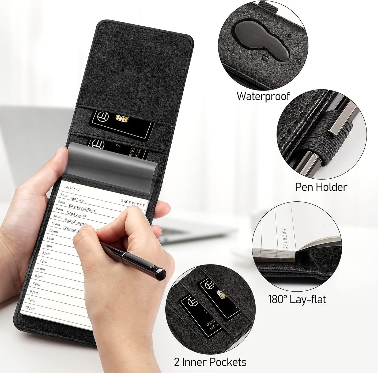 WEMATE 10 Pieces Notepad Holder Set Pocket Notebook - Included Mini Pocket Notepad Holder Set with 8 Memo Book Refills and Metal Pen for Meetings, Daily Records, and Notes 3 x 5 Inch (Brown)