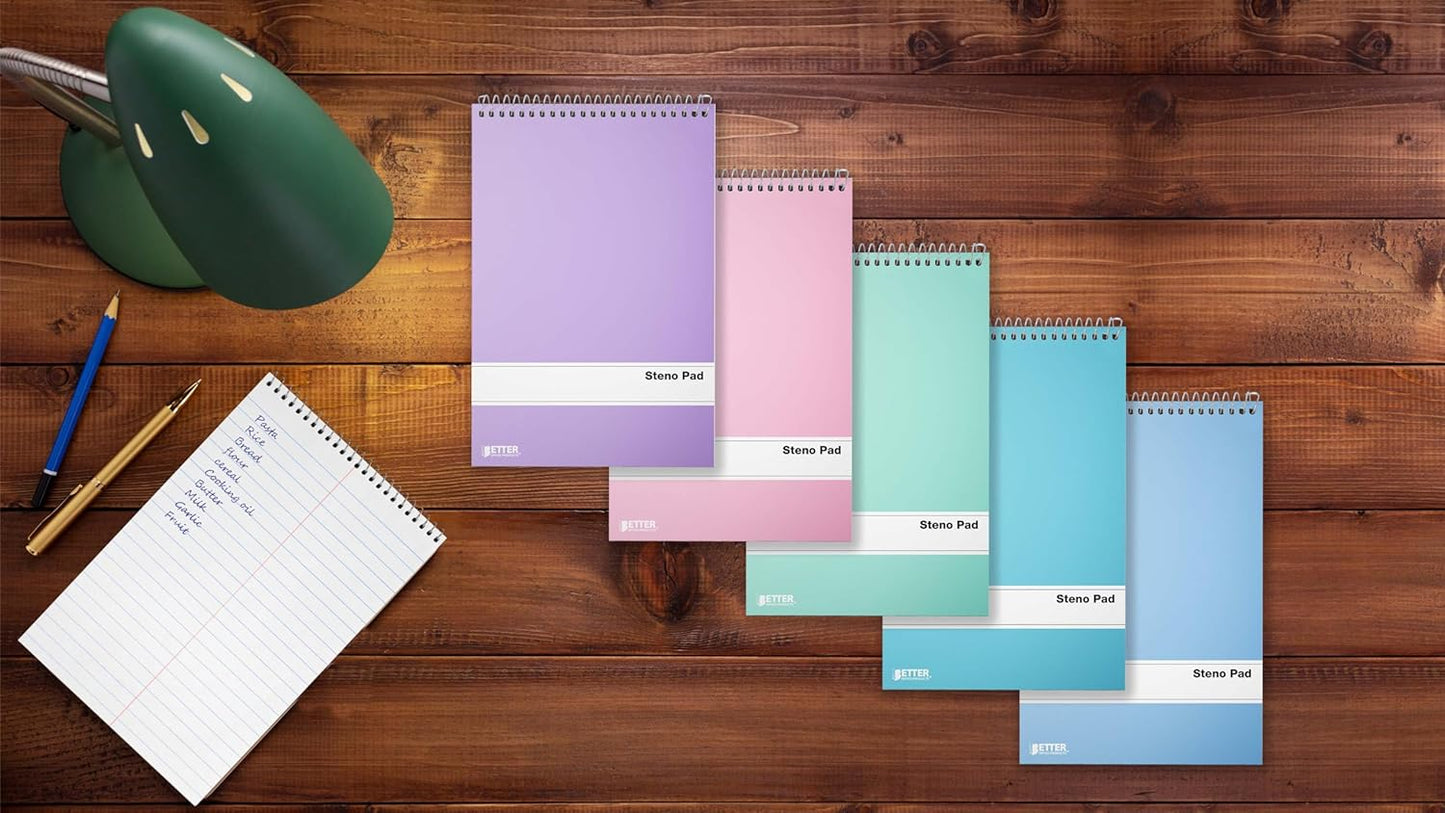 Better Office Products Spiral Steno Pads, 10 Pack, 6 x 9 inches, 80 Sheets, White Paper, Gregg Rule, Assorted Pastel Color Covers, 10 Steno Notebooks