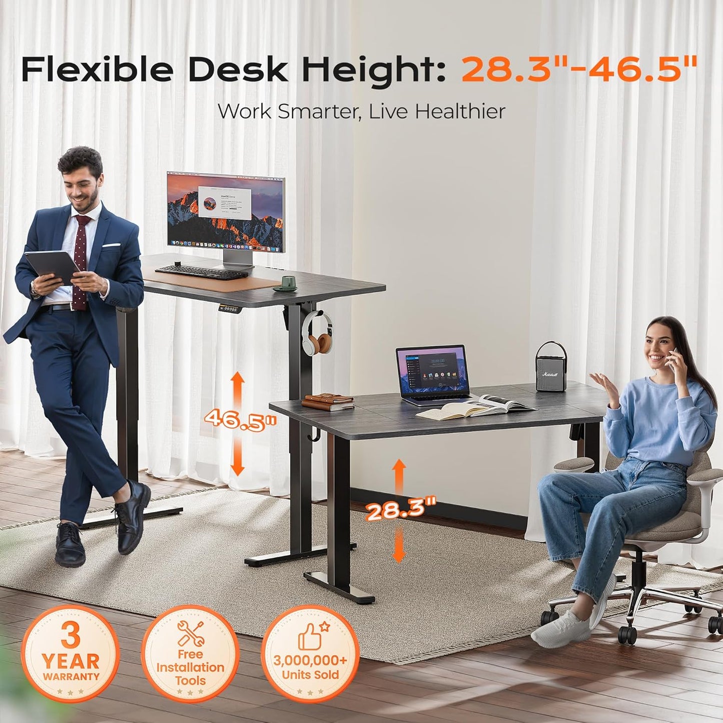 Huuger 55 x 28 Large Electric Standing Desk, Height Adjustable Desk, 27.6" Deep Desktop, Stand up Gaming Computer Office Desk with 2 Hooks, 3 Preset Heights, for Home Office, Grey