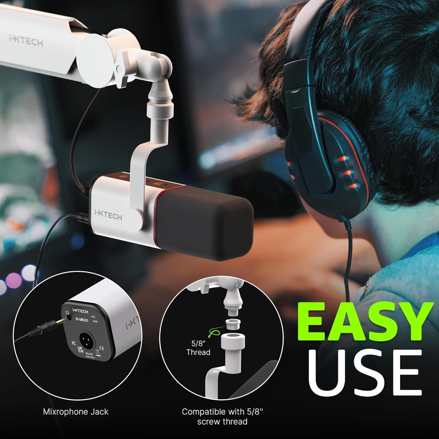 IXTECH Cardioid Dynamic Microphone with Mic Cover, Vocal USB XLR Microphone for Podcasting, Streaming, Recording, Gaming and Voice-Over (White)