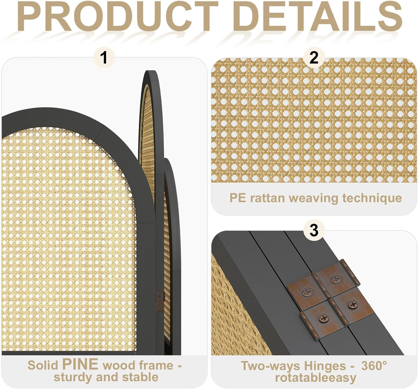 3-Panel Hand-Woven Rattan Room Divider, Tall Foldable Privacy Screen with Wooden Frame - Freestanding Portable Partition for Home Office, Bedroom, Bathroom(Black-Wave)