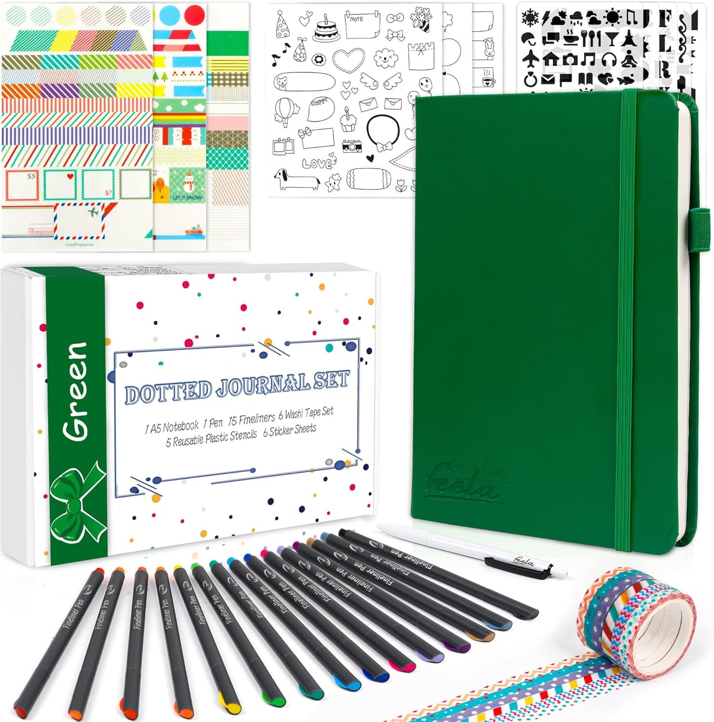 feela Dotted Journal Kit, Dot Grid Journal Hardcover Planner Notebook Set For Beginners Women Girls Note Taking with Journaling Supplies Stencils Stickers Pens Accessories, A5, 224 Pages, Green