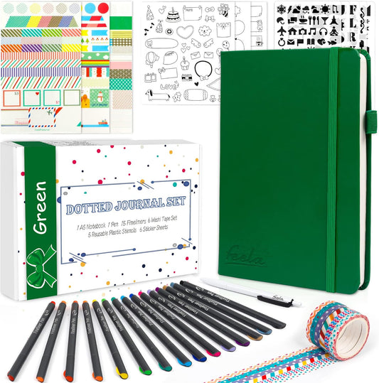 feela Dotted Journal Kit, Dot Grid Journal Hardcover Planner Notebook Set For Beginners Women Girls Note Taking with Journaling Supplies Stencils Stickers Pens Accessories, A5, 224 Pages, Green
