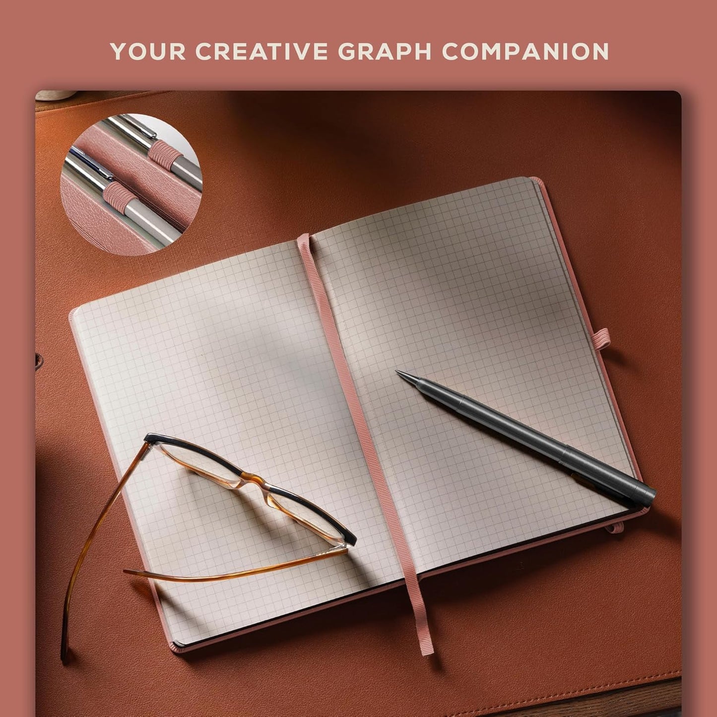 BEECHMORE BOOKS Graph Paper Notebook - Regular, Pink | Premium Square Grid Math & Science Journal | 5.75" x 8.25" Hardcover Vegan Leather | Thick 120gsm Cream Graph Paper | Gift Box for Men & Women