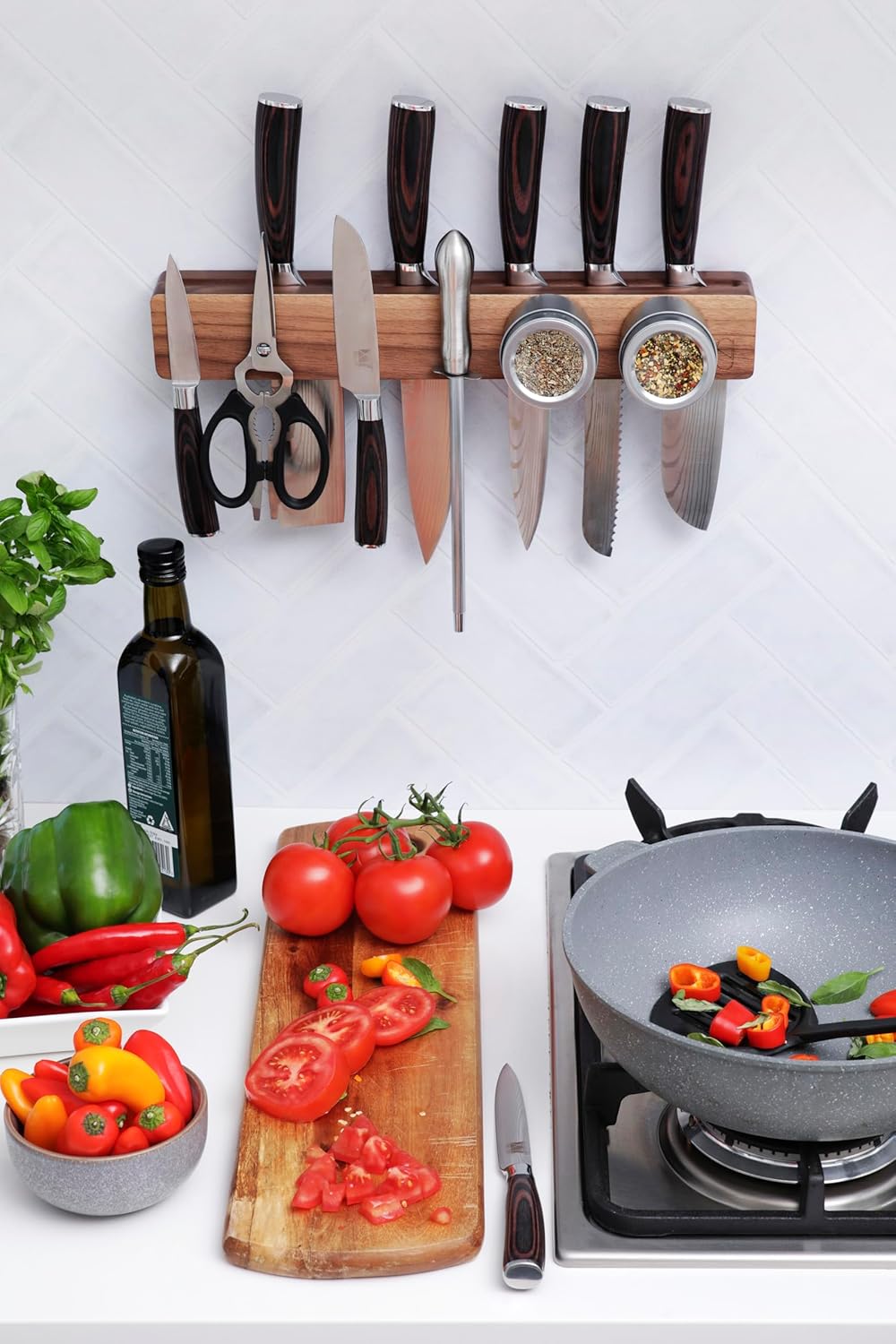 Walnut 16 inch Magnetic Knife Holder for Wall with 2x Storage & Charming Wood - Knife Magnetic Strip, Under Cabinet Magnet Knives Storage - Magnet Strip Rack Kitchen Utensil Holder Organizer Tool