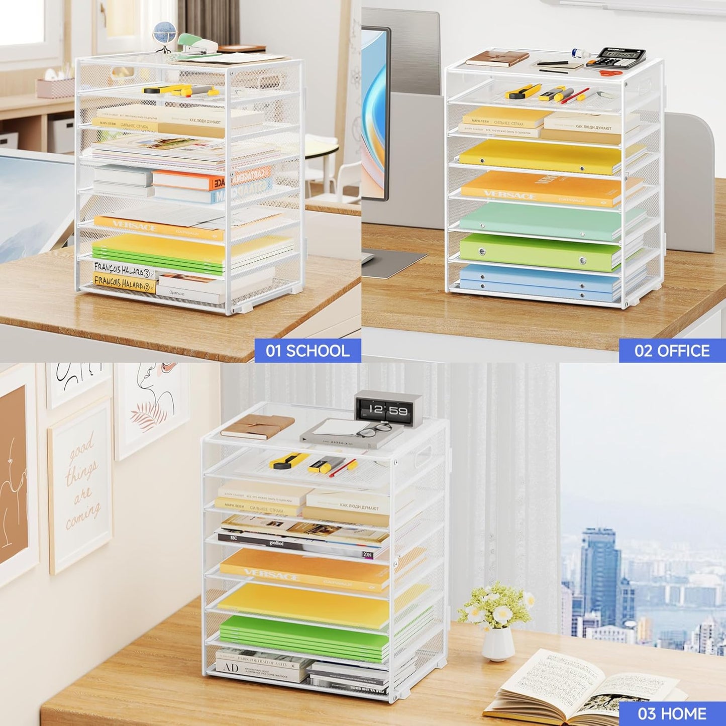 2 Pack 8 Tier Paper Organizer with Handle, Metal Mesh Desk File Organizer, Large Capacity Desk Organizers Paper Letter Tray Desktop Document Sorter for Office, Home or School - White