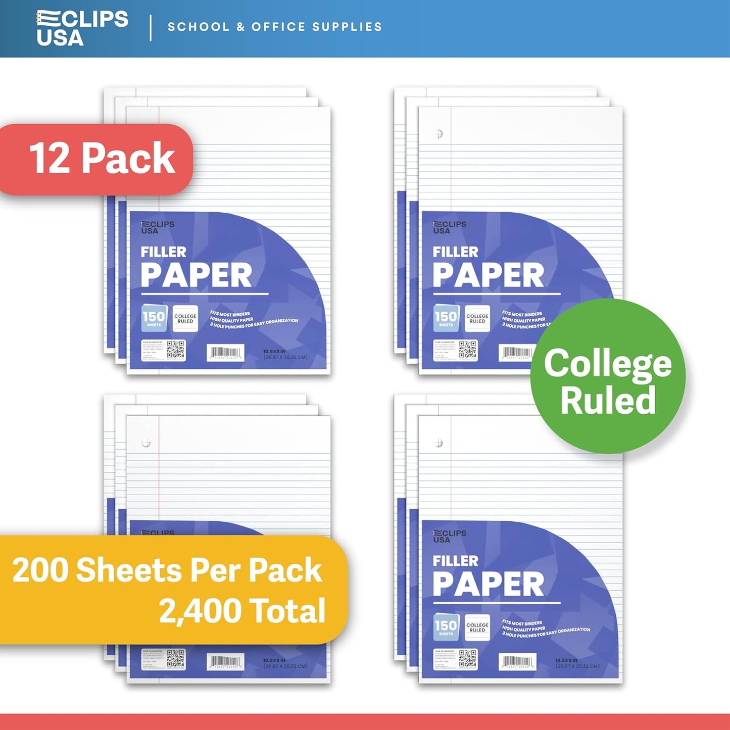 Notebook Paper, College Ruled Loose Leaf Paper (12 Pack), Filler Paper, 10.5” x 8”, Filler Paper, 200 Sheets Per Pack, 60 gsm (12 Pack)