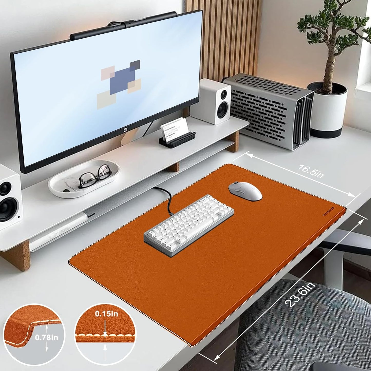 Desk Mat with Lip & Reinforced Stitched Edge|Non-Slip Waterproof PU Leather Desk Pad|Ergonomic Keyboard Mouse Pad with Edge Protector|for Office, Home, Study(23.6" x 16.5",Brown)