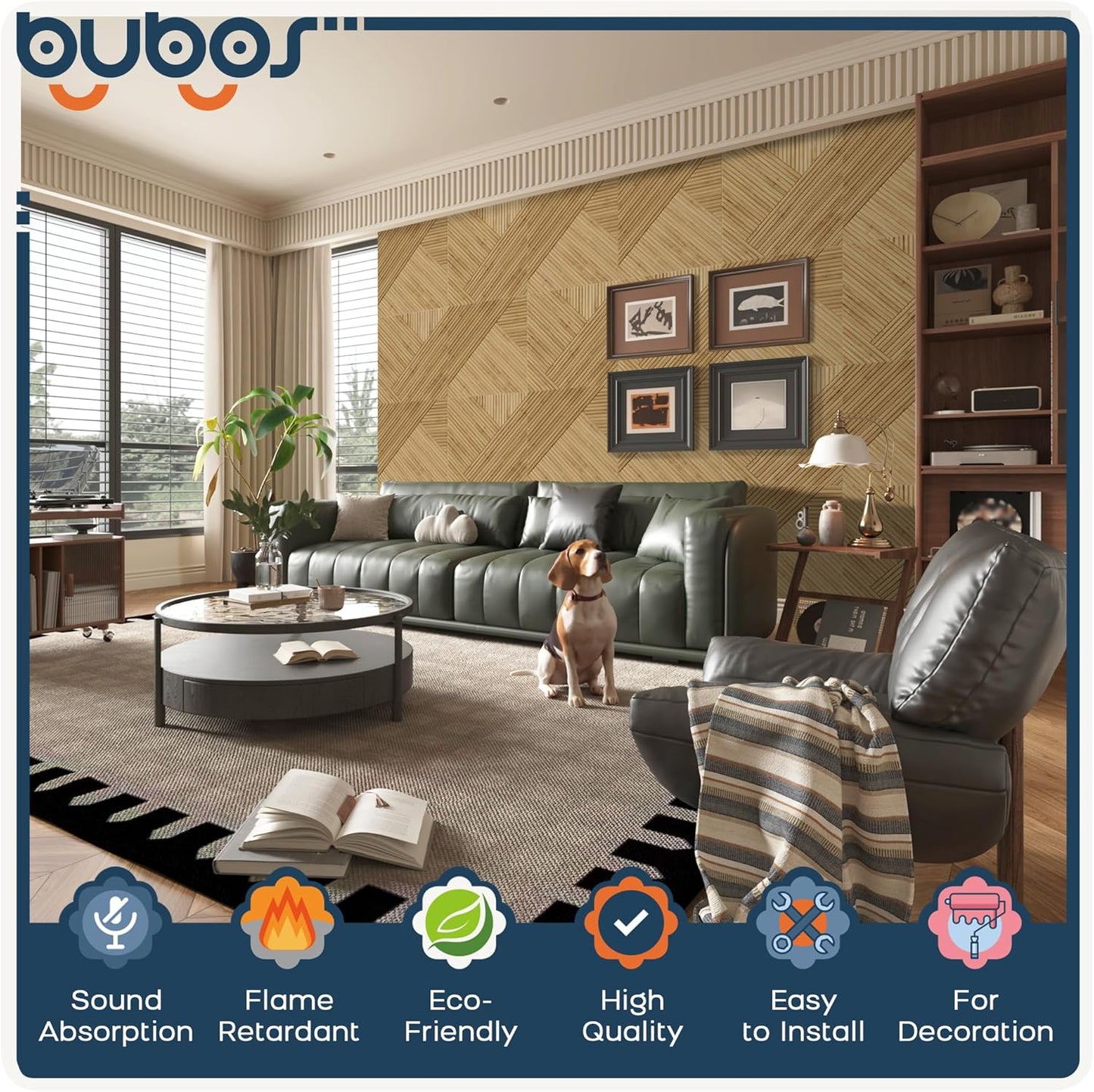 BUBOS Large Acoustic Panels,6 Pack Wood-Pattern Printing Soundproof Wall Panels, Total Size 70.8 x 47.2 Inches Self-Adhesive Decorative Sound Absorbing Panels for Studio, Home,Light Diamond Weave