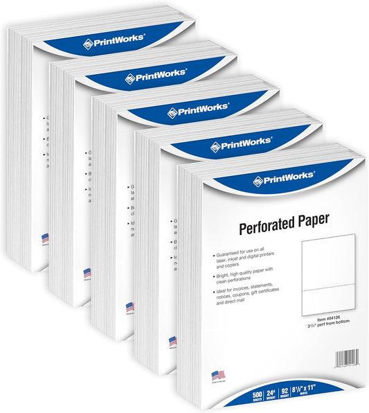 PrintWorks Professional 3 2/3" Horizontal Perforated Paper 8.5” x 11” - Perfect For W-2, 1099, & Statement Use - Made in the USA - 2500 Sheets - 20 lb - Printer Compatible - White (04124C)