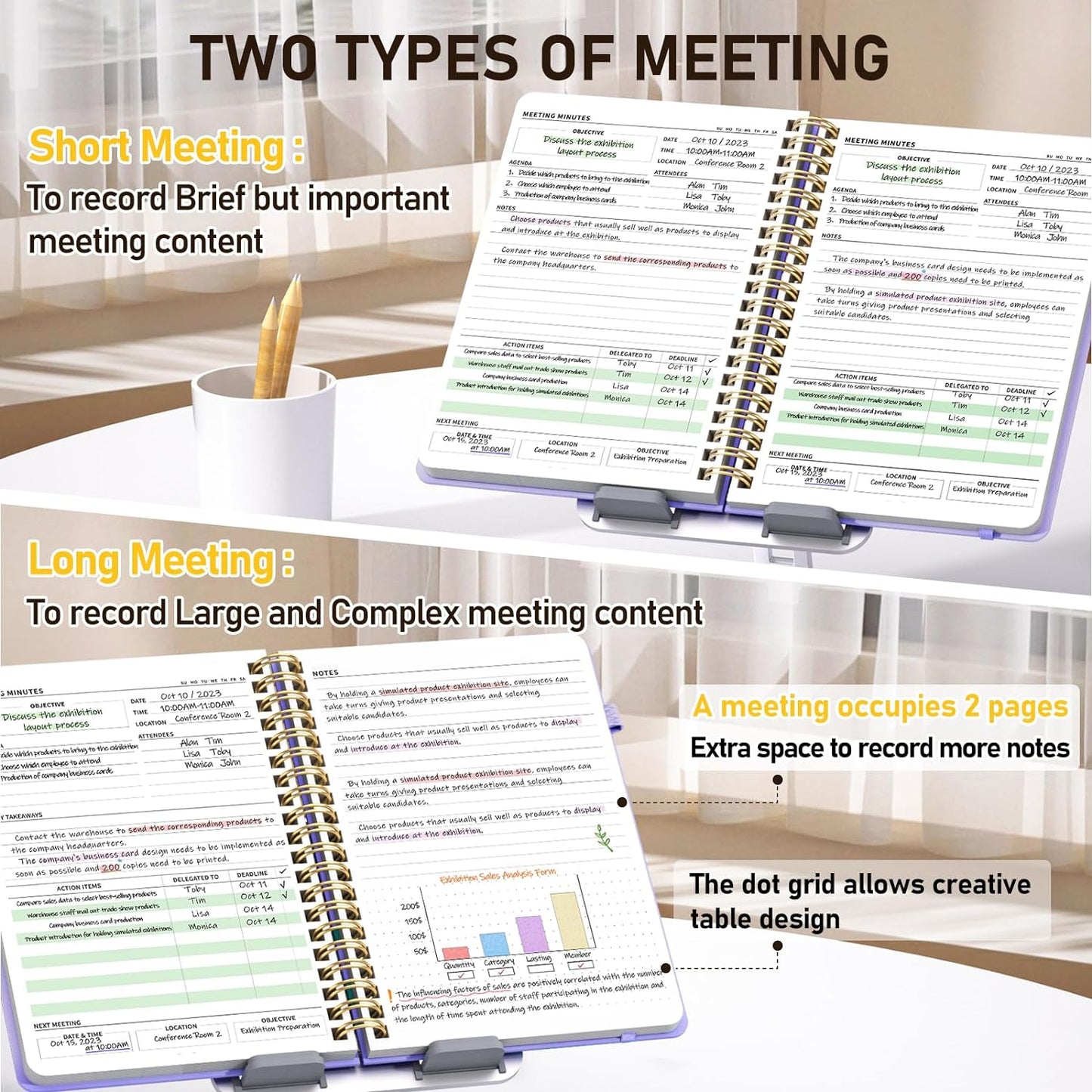 WEMATE Meeting Notebook for Work B5 (7"x10") - PU Leather Work Notebook with Agenda, Action Items & Notes - 200 Pages for Men&Women, Staff and Students, Meeting, Projects Planning - Light Purple