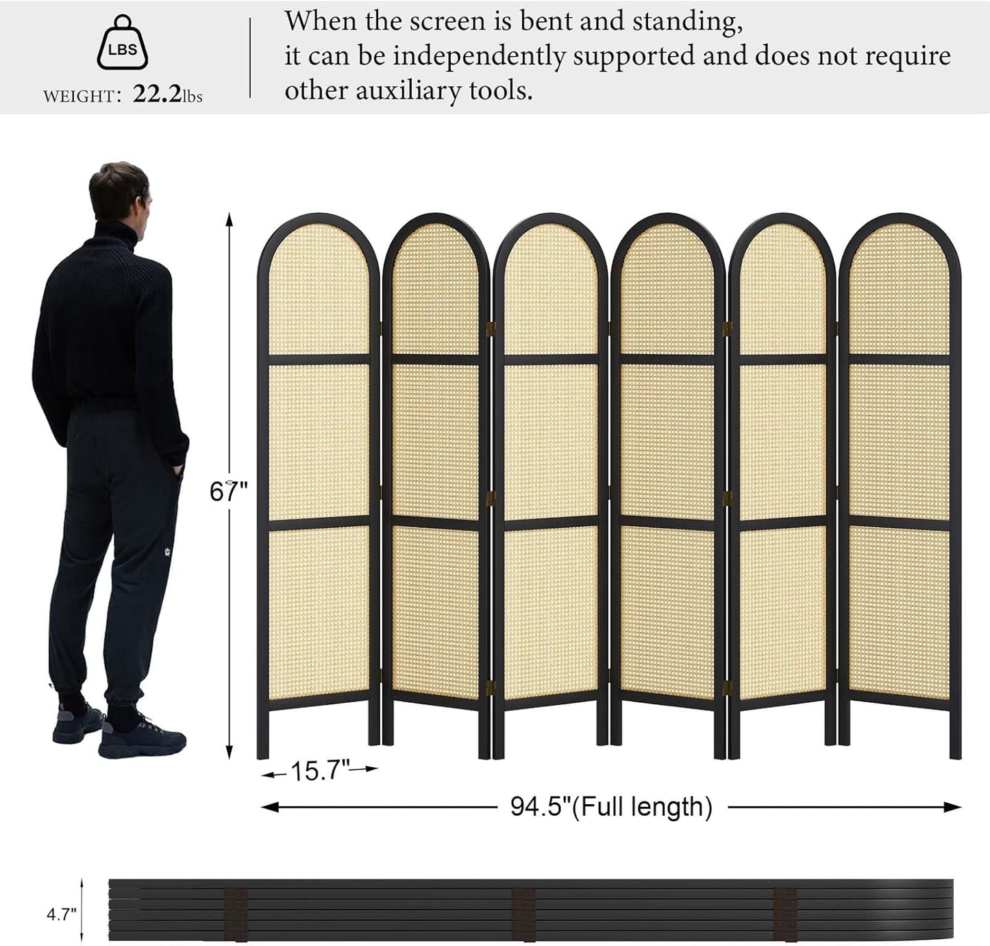 Room Dividers and Folding Privacy Screens, 5.6 Ft Double Hinged Rattan Partition Freestanding Wall Room Divider for Home - 6 Panels (Black)