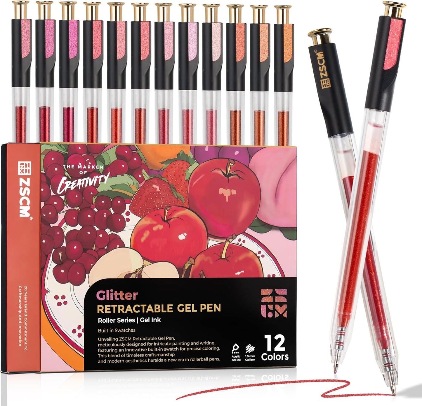 Retractable Glitter Gel Pens, 12 Colors Large Capacity Red Pink Glitter Metallic Gel Ink Pens, 1 mm Fine Point Smooth Writing Color Pens for Adult Coloring Book Note Taking Aesthetic Art Supplies