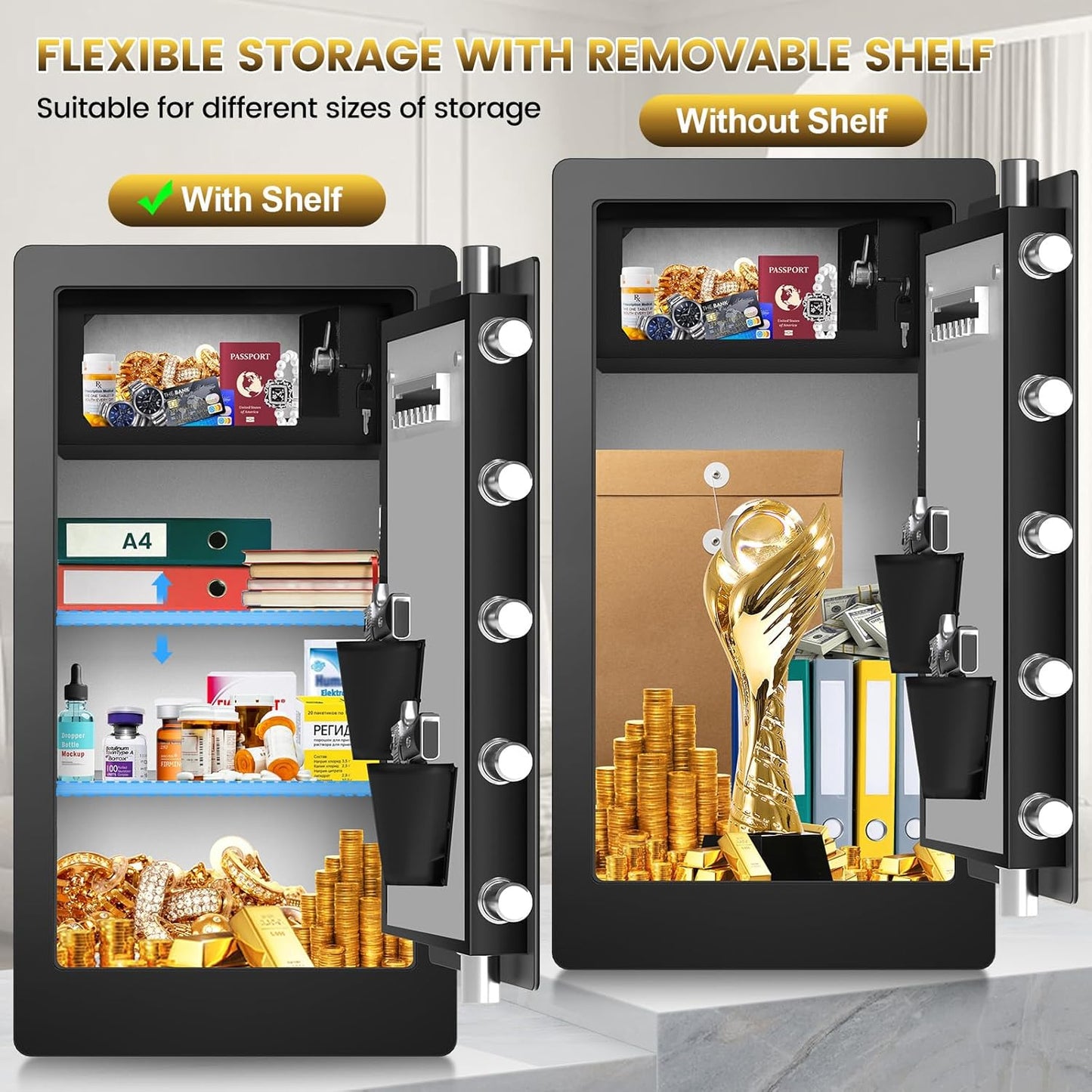 8.8 Cuft Heavy Duty Biometric Safe Box with Fireproof Waterproof Bag, Large Document Storage with Bottom Hidden Compartment, Anti-Theft Dual Alerts, Mute Mode, Digital Security for Business,