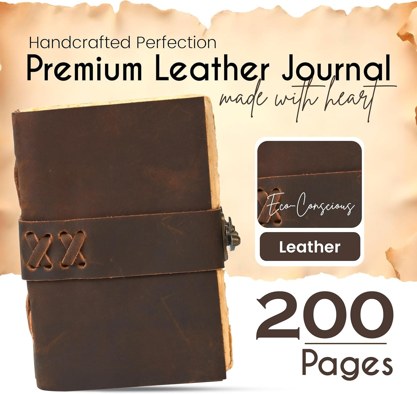 Vintage Brown Leather Notebook Journal with Clasp Lock – 200 Antique Deckle Edge Pages, 6"X4" Handmade Rustic Leather Notebook, Drawing, Sketchbook, and Travel Journal – Gift for Men & Women