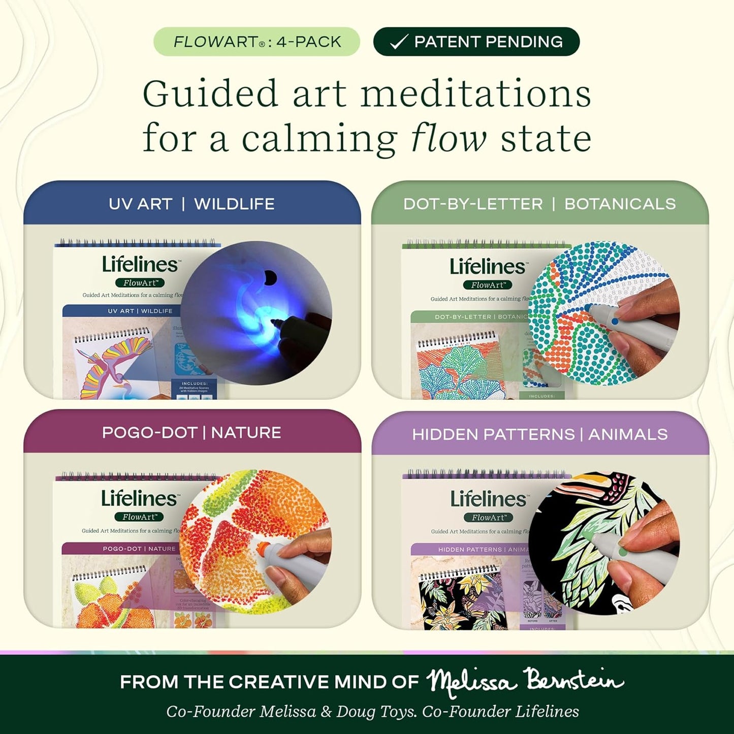 Lifelines FlowArt Activity Pad, 4-Pack - Guided Art Meditations with Markers - Color by Letter, Dot-Art and More, Coloring Books for Teens, Adults & Seniors