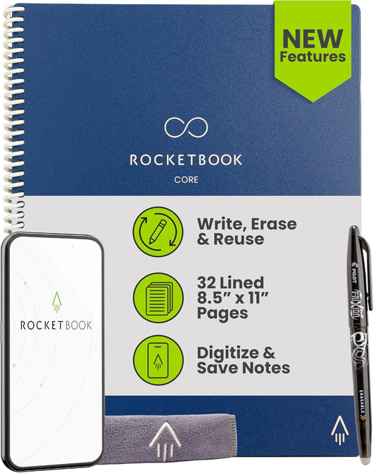 Rocketbook New Core Reusable Spiral Notebook, Letter Size 8.5x11, Navy Blue - Lined Pages, App-Connected, Erasable, Durable Cover, Ideal for School, Work, and Creative Projects