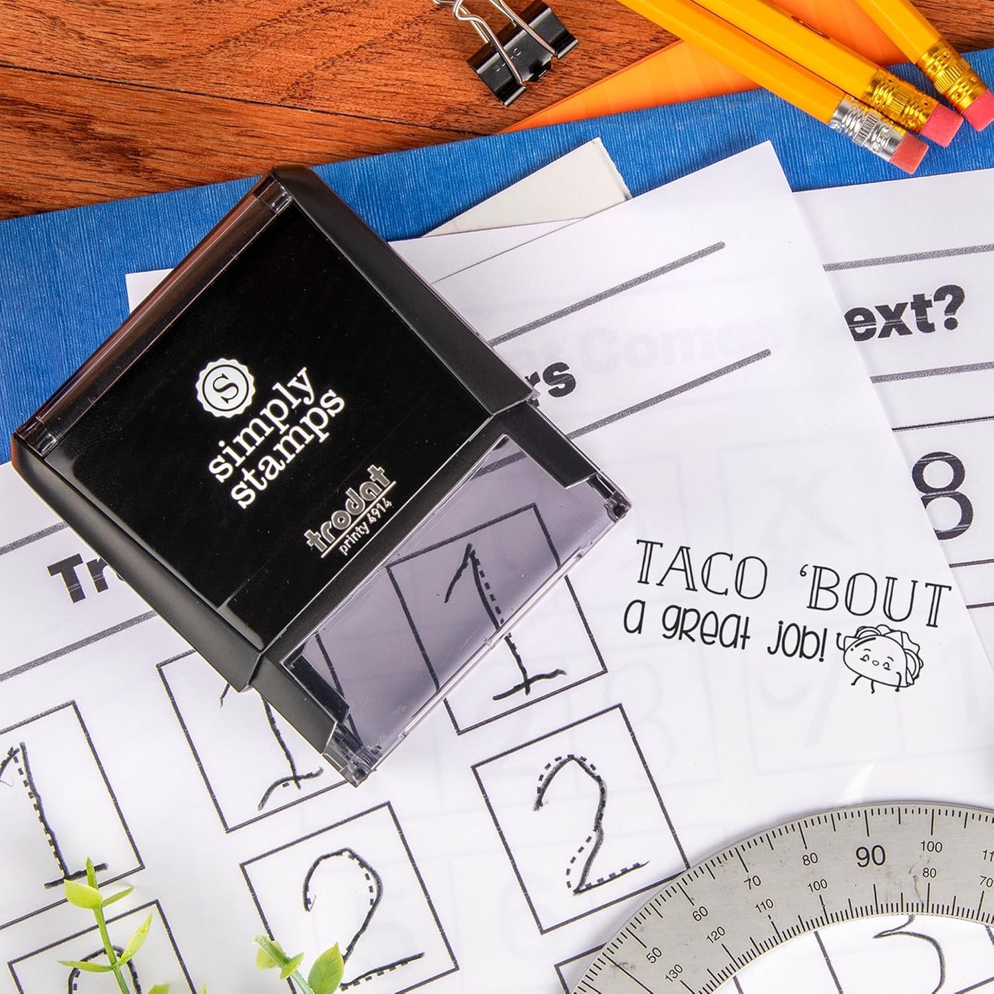 Custom Self-Inking Teacher Stamps | 49 Designs | Fun Phrases | Grading Made Easy | Classroom and Library Book Stamps (Taco 'Bout a Great Job!, Large)