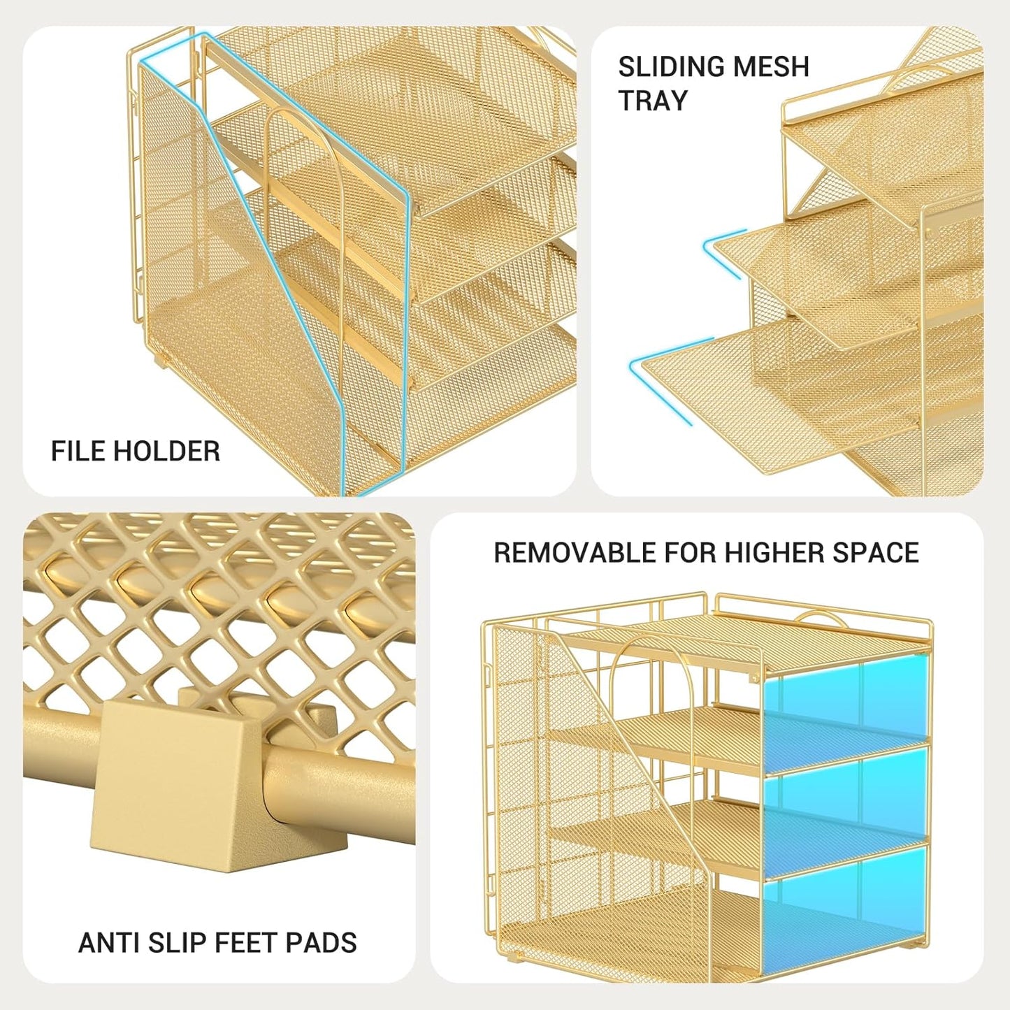 Desk File Organizer and Accessories, 4-Tier Paper Organizer with Vertical File Holder, Office Desk Accessories & Workspace Organizers and Storage for Office Supplies (Gold)