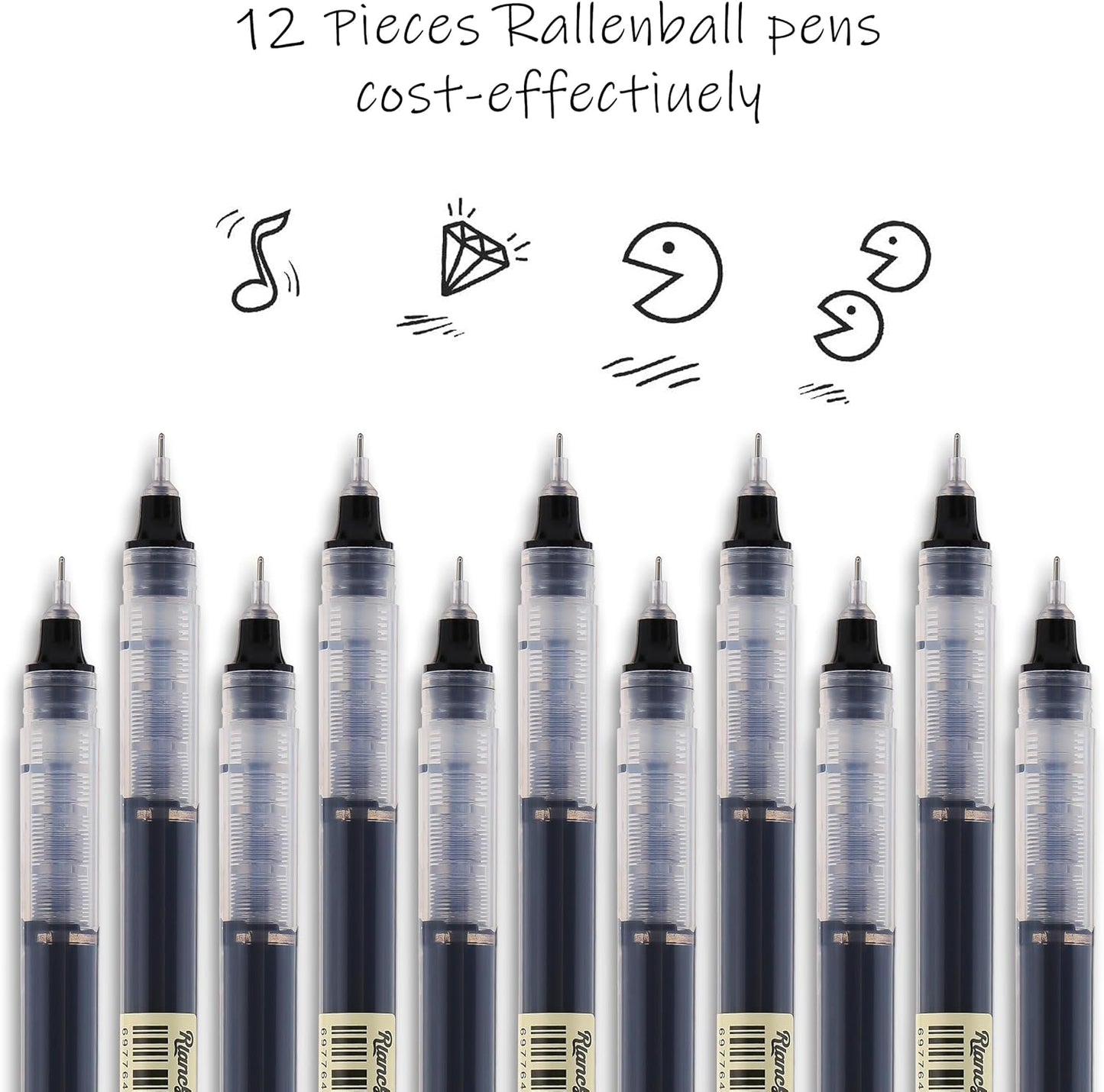 RIANCY 12 Pack Black Liquid Ink Rollerball Gel Pens, 0.5mm Extra Fine Point Tip, Smooth Writing Quick Drying No Smear No Bleed for Journaling, Drawing, Sketching, School Notes & Art Supplies
