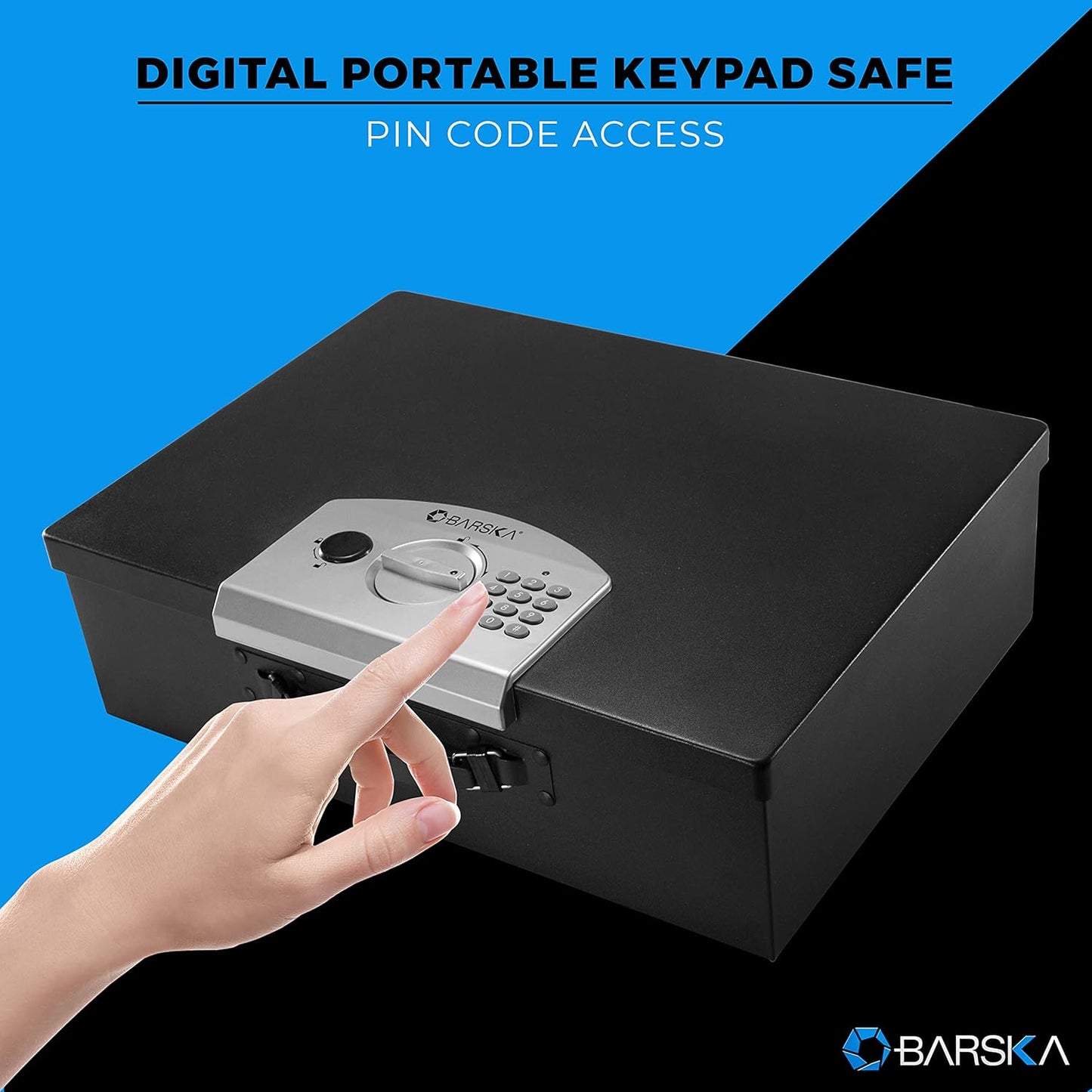 Barska Portable Digital Keypad Lock Box – Secure Travel Safe for Valuables, Steel Construction, Removable Tethering Cable, Backup Keys & Batteries Included