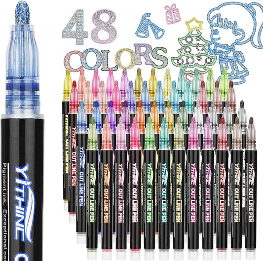 Outline Shimmer Markers, 48 Glitter Metallic Gel Pens for Coloring, Tween Teen Girl Gifts Trendy Stuff, Halloween Basket, Birthday Party, Cool Fun Art Crafts Supplies for Kids Girls Ages 8 10 12 14 16