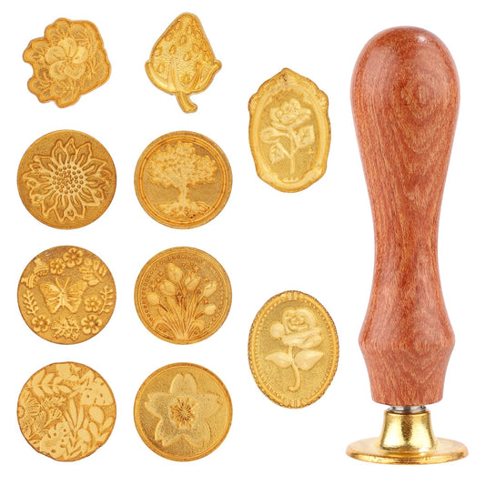 Wax Seal Stamp Set, 10pcs Sealing Wax Stamp Heads with a Wooden Handle Sealing Wax Stamp Kit with Various Patterns for Letter Encapsulation Greeting Cards Presents Decoration Items(Gold)