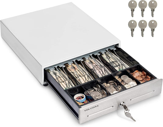 Volcora 13" Cash Register Drawer for Point of Sale System with 4 Bill 5 Coin Cash Tray, White & Stainless Steel Front Cash Drawers, Removable Coin Compartment, 24V, RJ11/RJ12 Key-Lock, Media Slot