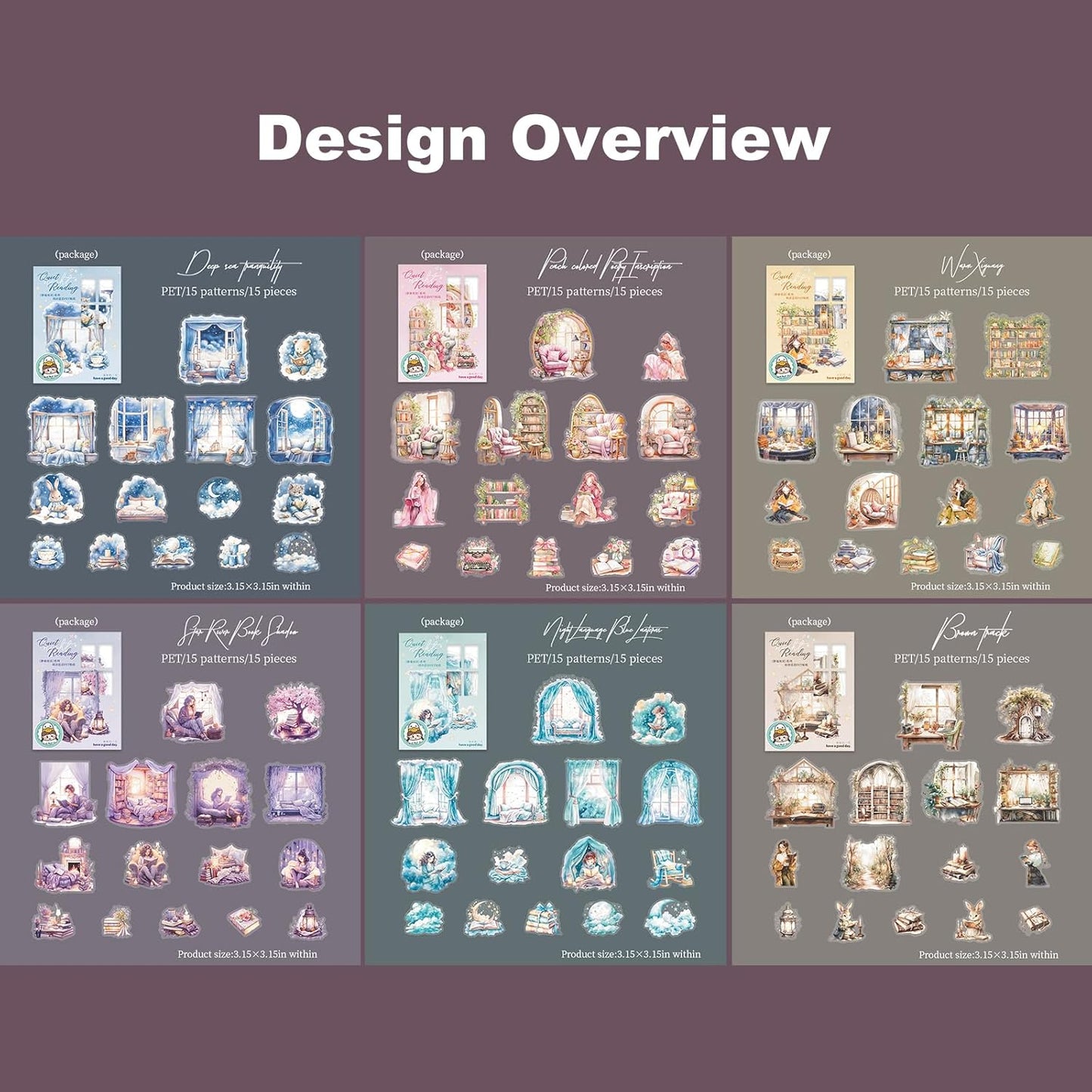 Night Reading PET Sticker Set, 90PCS Calming Scenes for Scrapbooking, Journal Supplies, and DIY Crafts