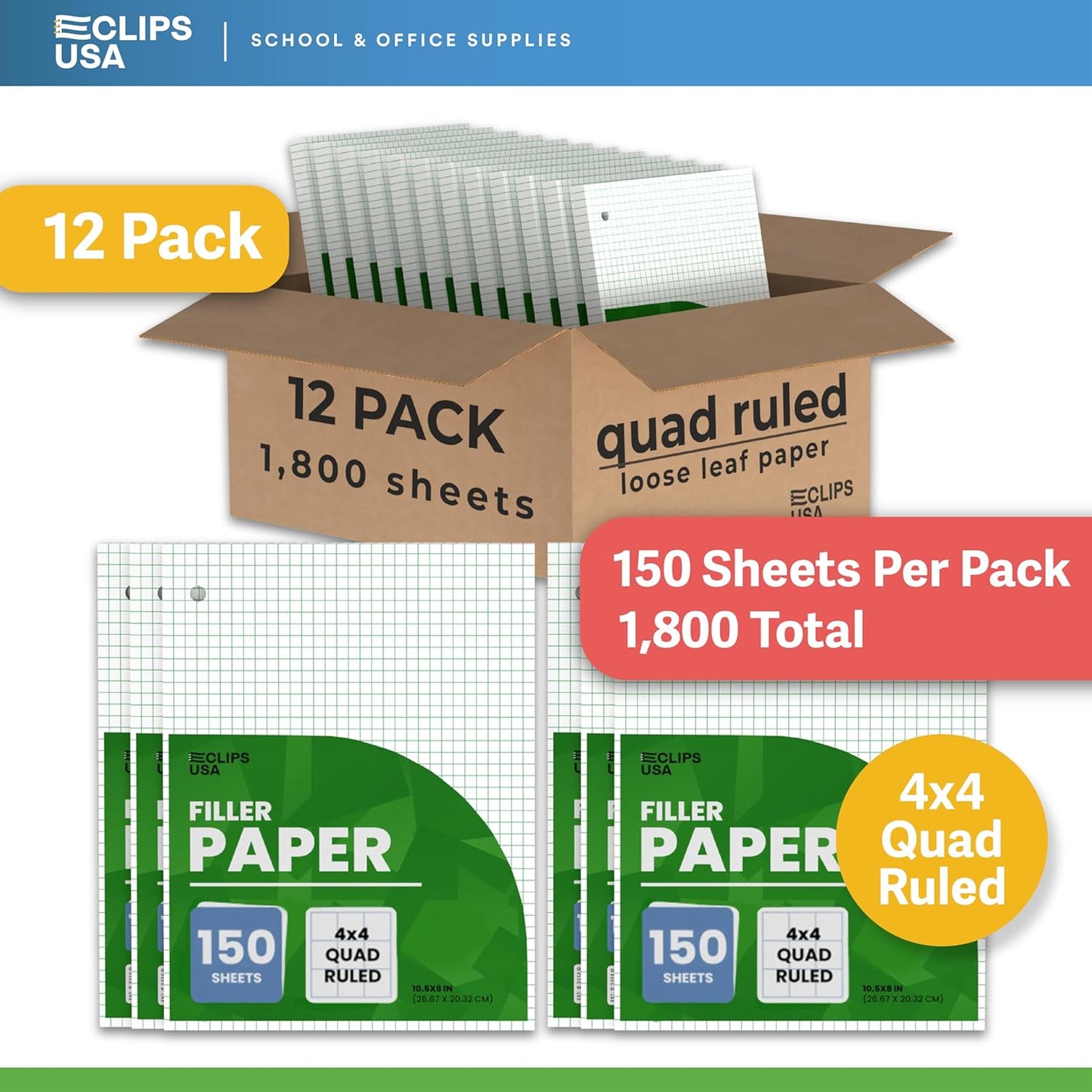 Graph Paper, Loose Leaf Graph Paper, 4 x 4 An Inch Quad Ruled Graph Paper, 10.5” x 8” Graphing Paper, 56 gsm, 150 Per Pack,1800 Sheets (12 Pack)
