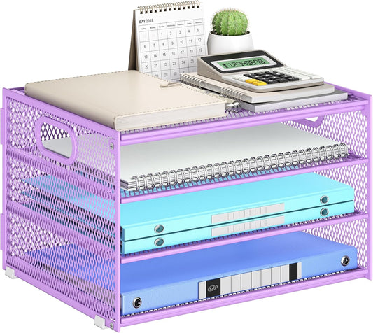 Subekyu Paper Letter Tray Organizer for Desk, Purple Metal Mesh Desk File Sorter Organizer with Handle and 2 Sliding Trays for Home Office School Supplies Organization